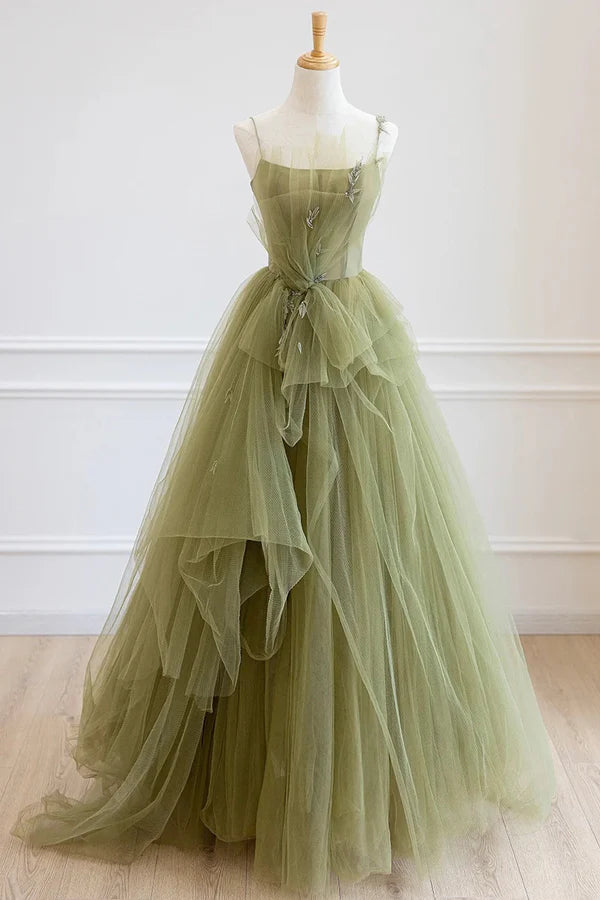 Wholesale Green Tulle Long A-Line Prom Dress Beautiful Spaghetti Strap Evening Dress